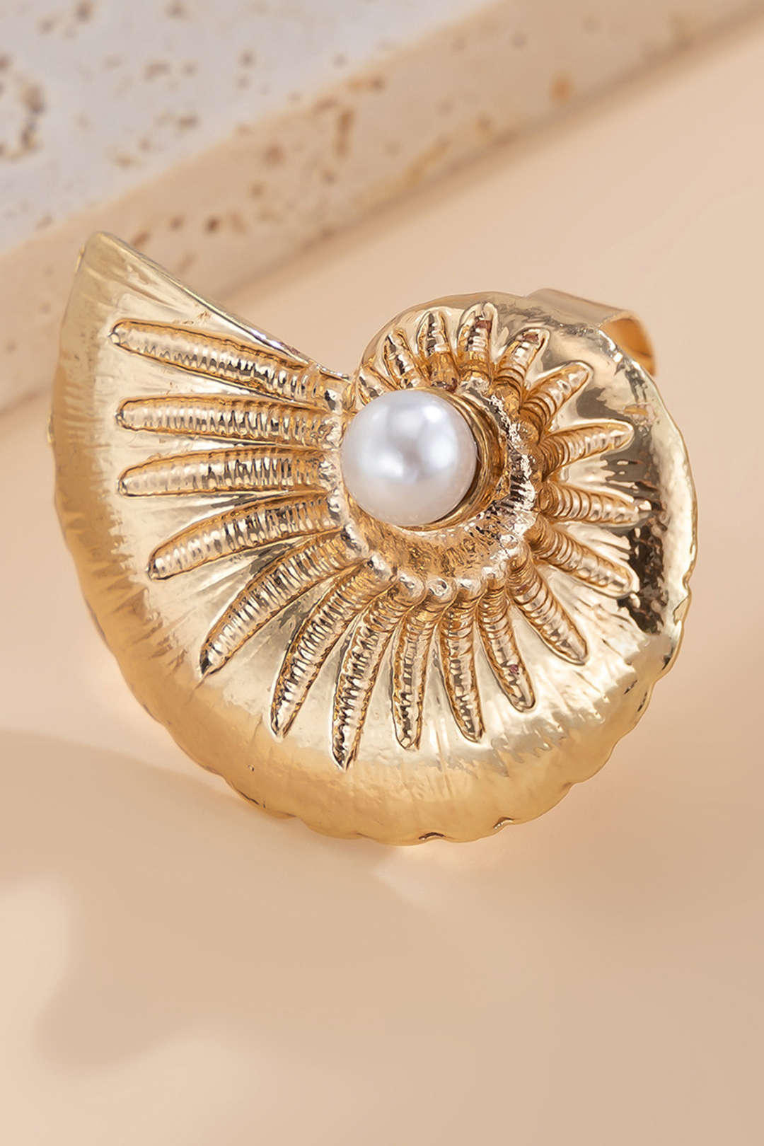 Metal Conch Pearl Adjustable Ring