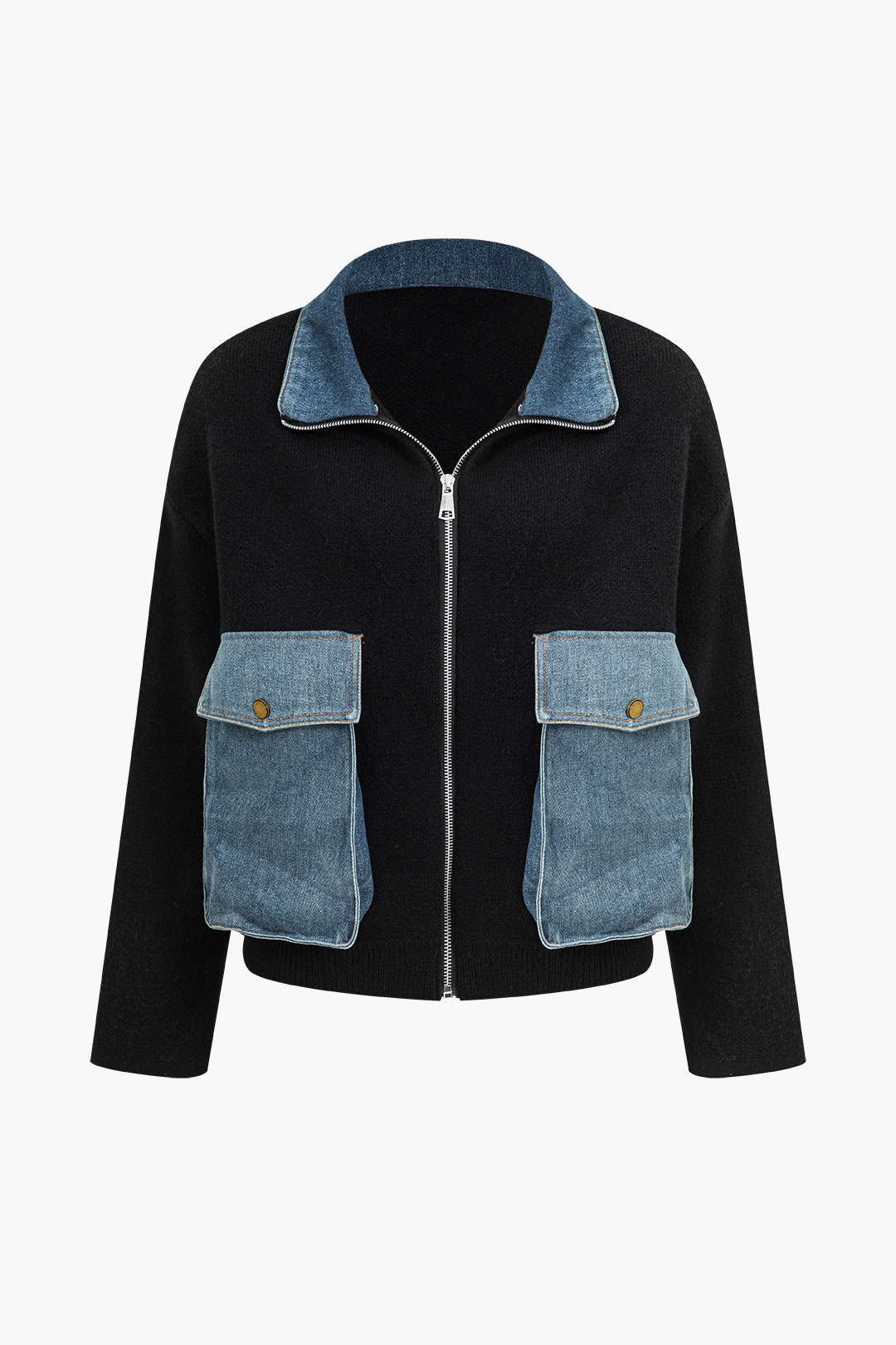 Cardigan de pull de poche patchwork en jean