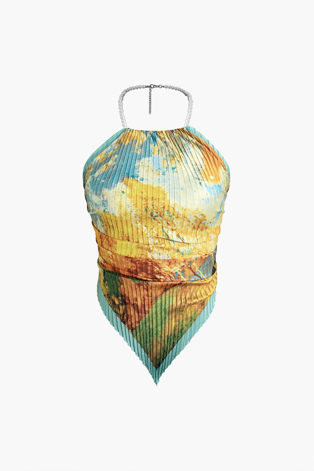 Oil Painting Print Pleated Beaded Halter Cami Top