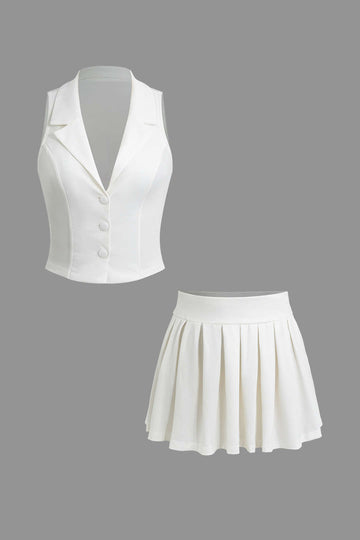 Notched Lapel Vest And Pleated Mini Skirt Set