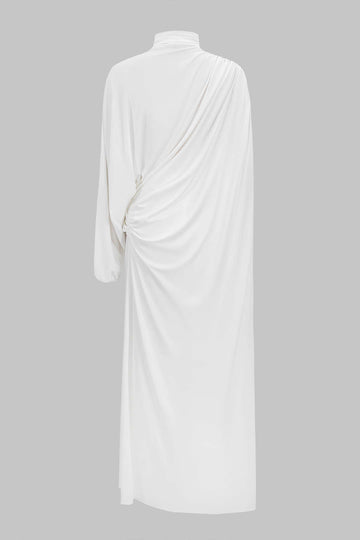 Mock Neck Asymmetrical Ruched Long-Sleeve Top And High Split Skirt Set