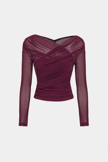 Solid Sheer Mesh Ruched Long-Sleeve Top