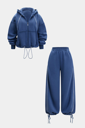 Drawstring Zipper Hoodie And Straight Leg Tie-Up Trousers Set