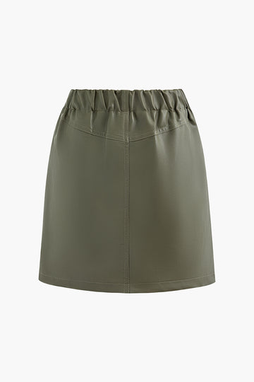 Drawstring Ruched Pocket Pleated Faux Leather Skirt