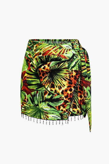 Palm Leaf Print Fringe Knot Mini Skirt