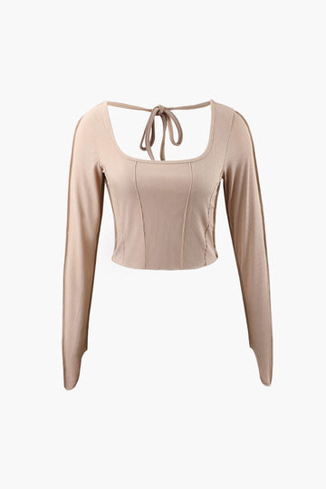 Square Neck Seam-Detail Tie Long Sleeve Top