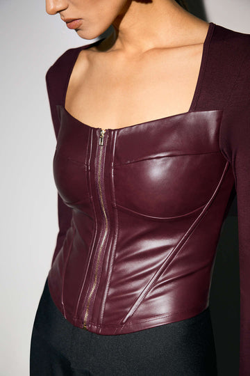 Faux Leather Zipper Patchwork Long-Sleeve Top