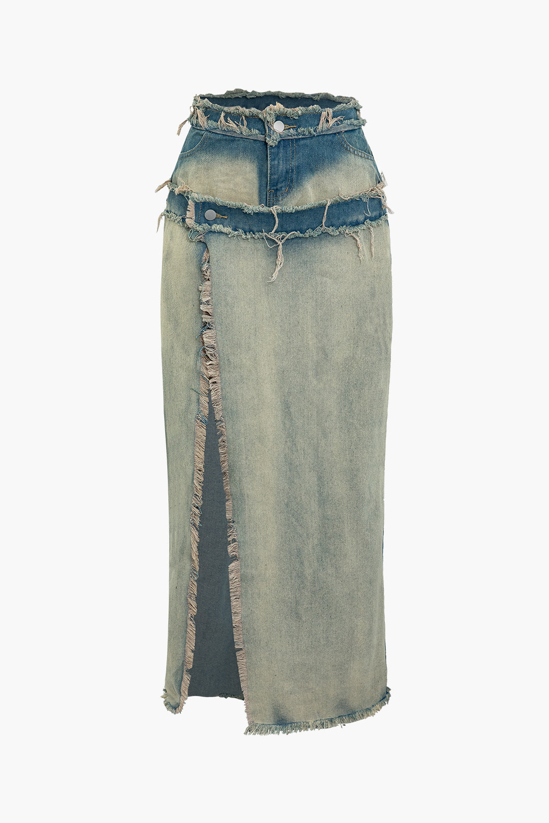 Distressed Frayed Split Denim Maxi Skirt