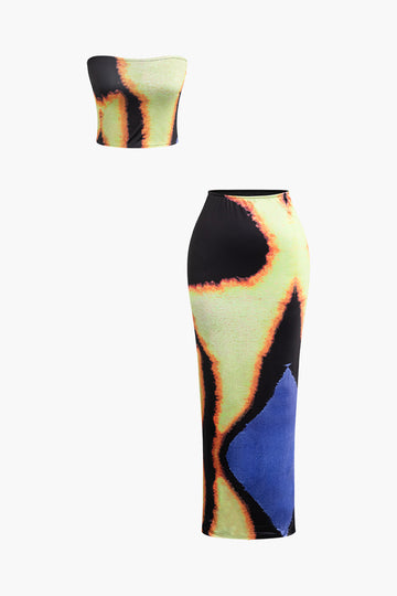 Abstract Print Tube Top And High Waist Maxi Skirt Set
