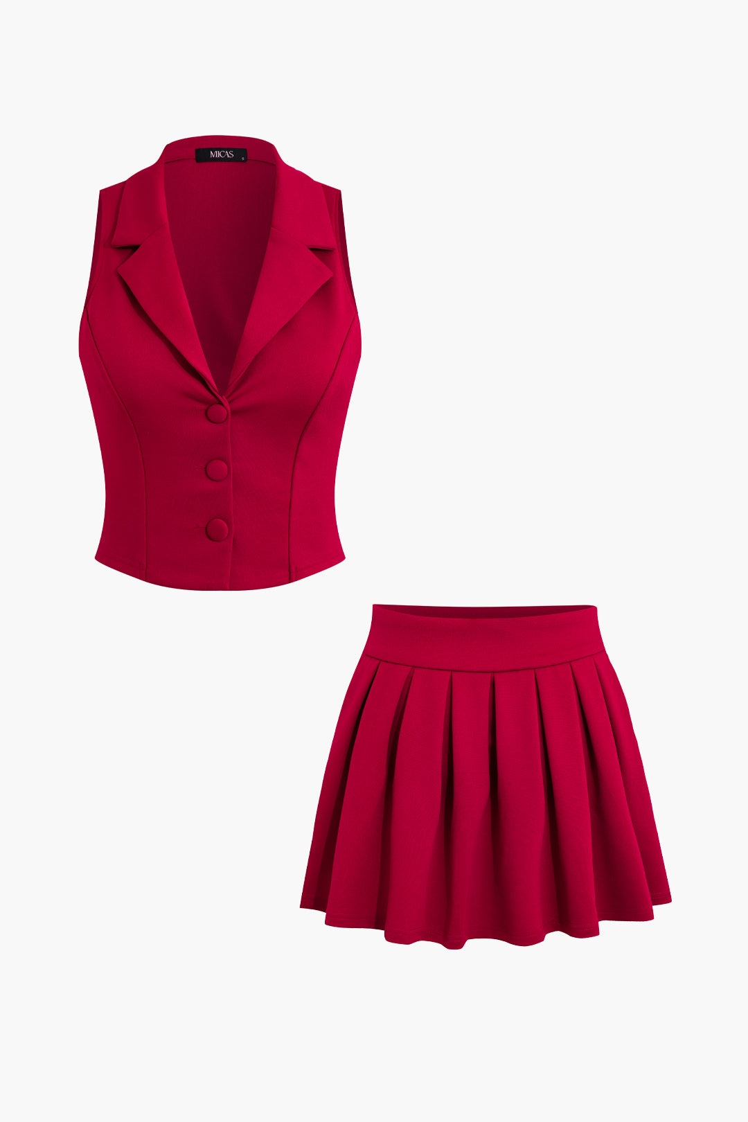 Notched Lapel Vest And Pleated Mini Skirt Set