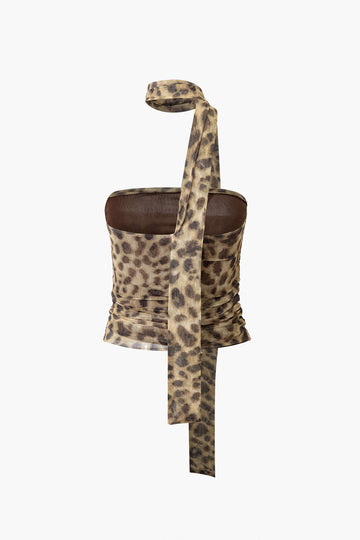 Top de tubo halter de malla con estampado de leopardo