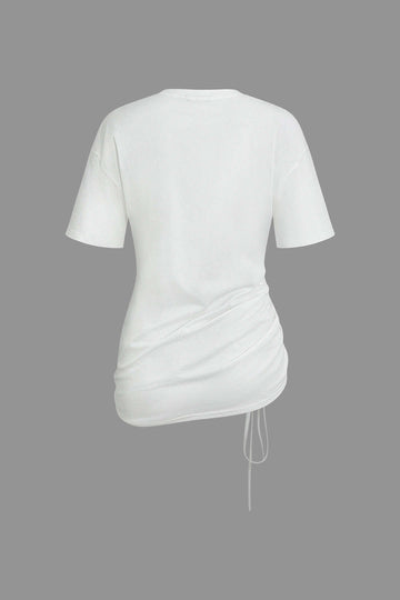 Asymmetrical Ruched Tie Round Neck T-shirt