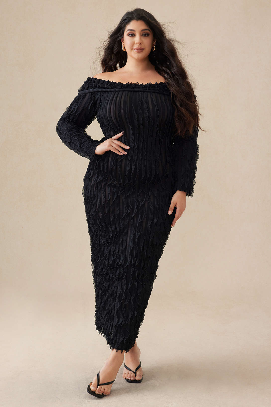 Plus Size Solid Off Shoulder Maxi Dress