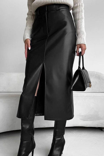 Faux Leather Slit Front Midi Skirt