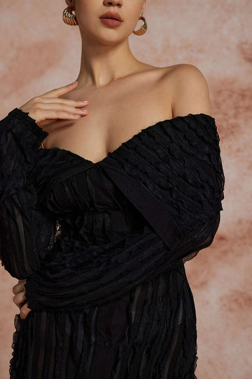 Off Shoulder Textured Button Up Slit Long Sleeve Maxi Dress