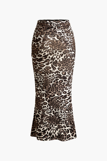 Leopard Print Halter Neck Crisscross Cut Out Maxi Skirt Set
