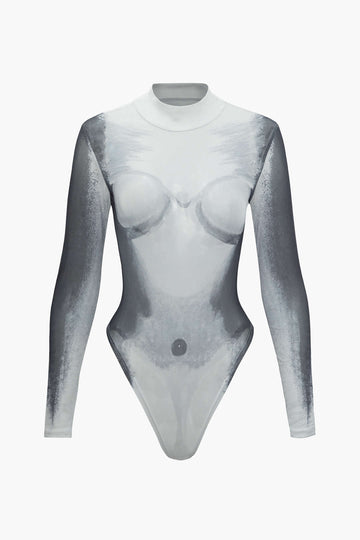 Body Print Mesh Long Sleeve Bodysuit
