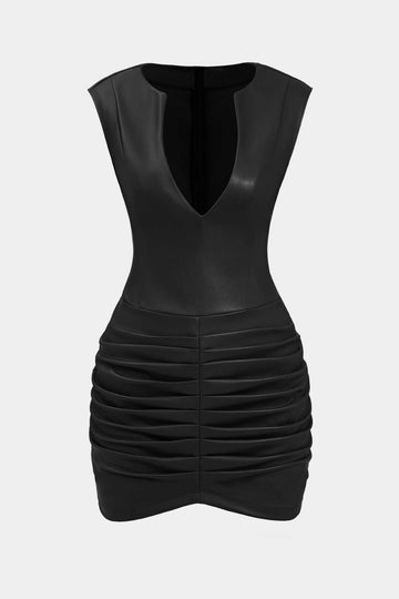 Ruched Faux Leather V-Neck Bodycon Mini Dress