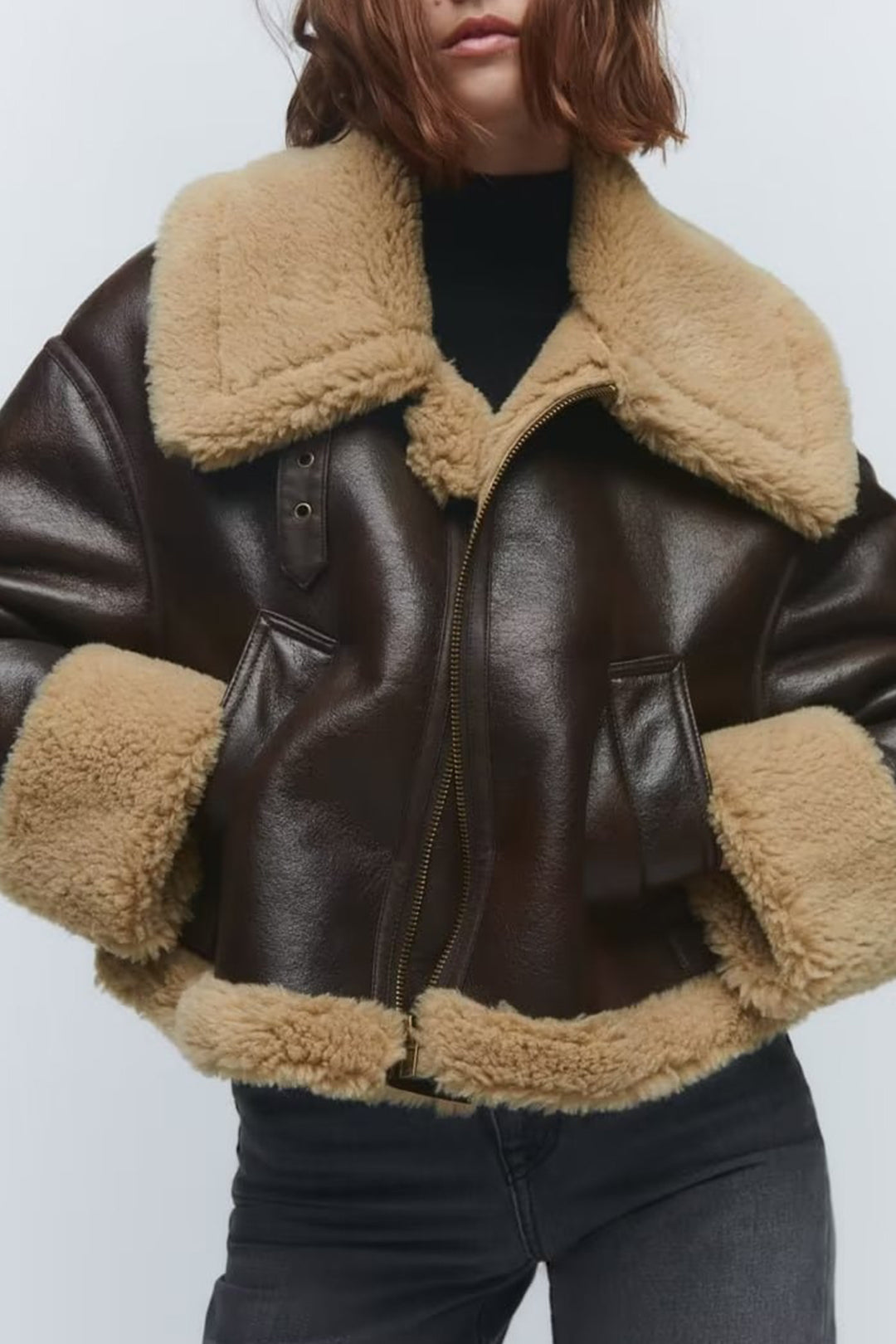 Faux Fur Leather Shearling Zip Up Jacket