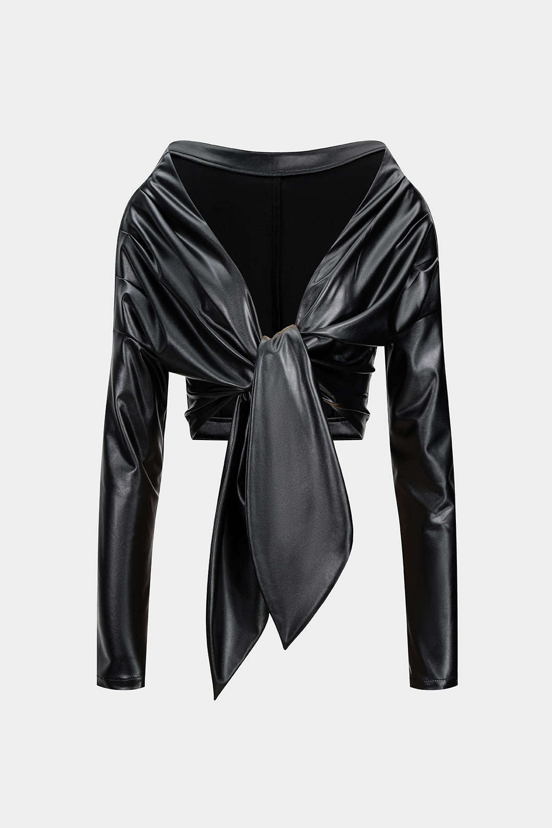 Faux Leather Tie Front Ruched Long-Sleeve Shirt