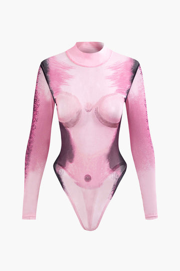 Body Print Mesh Long Sleeve Bodysuit
