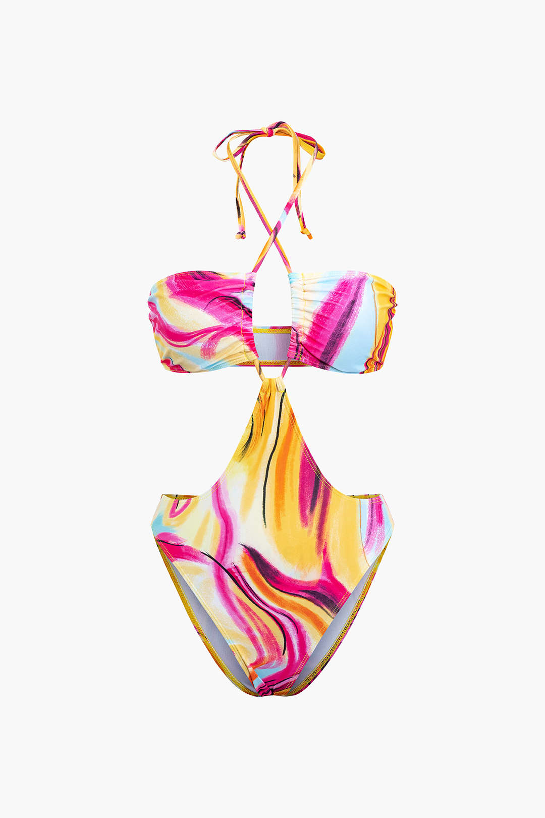 Abstract Print Halter Tummy Control One-piece Swimsuit And Knot Mini Sarong Skirt Set