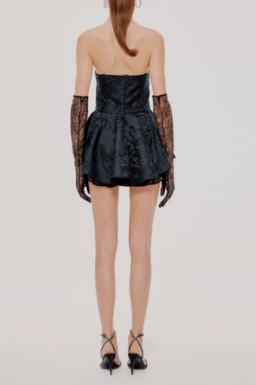 Jacquard Ruffle Strapless Mini Dress With Lace Glove