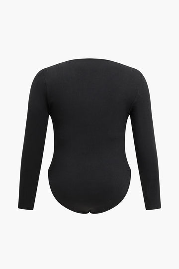 Plus Size Solid Ribbing Button Cut Out Twist Knot Bodysuit