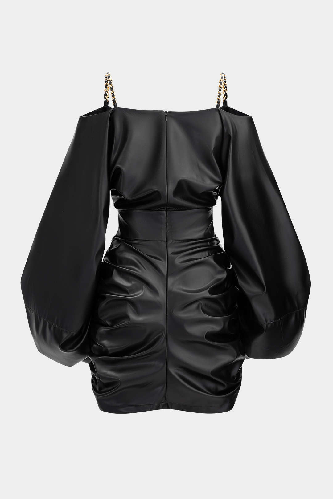 Faux Leather Metallic Chain Crossed Ruched Long Sleeve Mini Dress