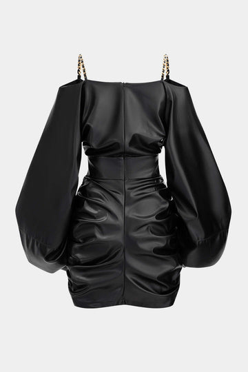 Faux Leather Metallic Chain Crossed Ruched Long Sleeve Mini Dress