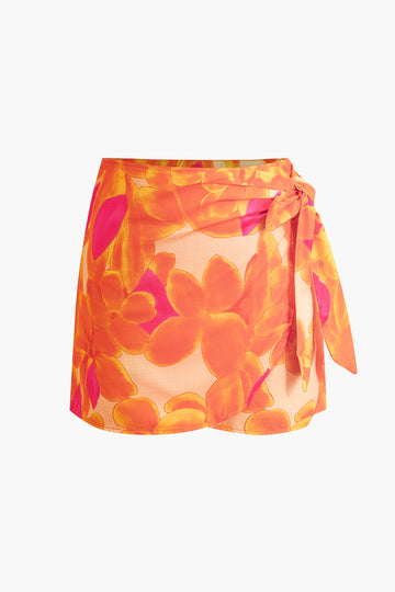 Floral Print Knotted Wrap Mini Skirt