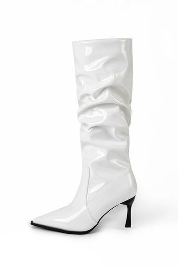 Faux Leather Ruched Pointed Toe Knee High Boots