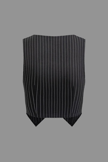 Pinstripe V-neck Vest And Bow Tie Mini Skirt Set