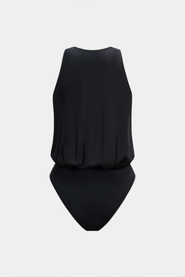 Satin Ruched Crossed Sleeveless Bodysuit