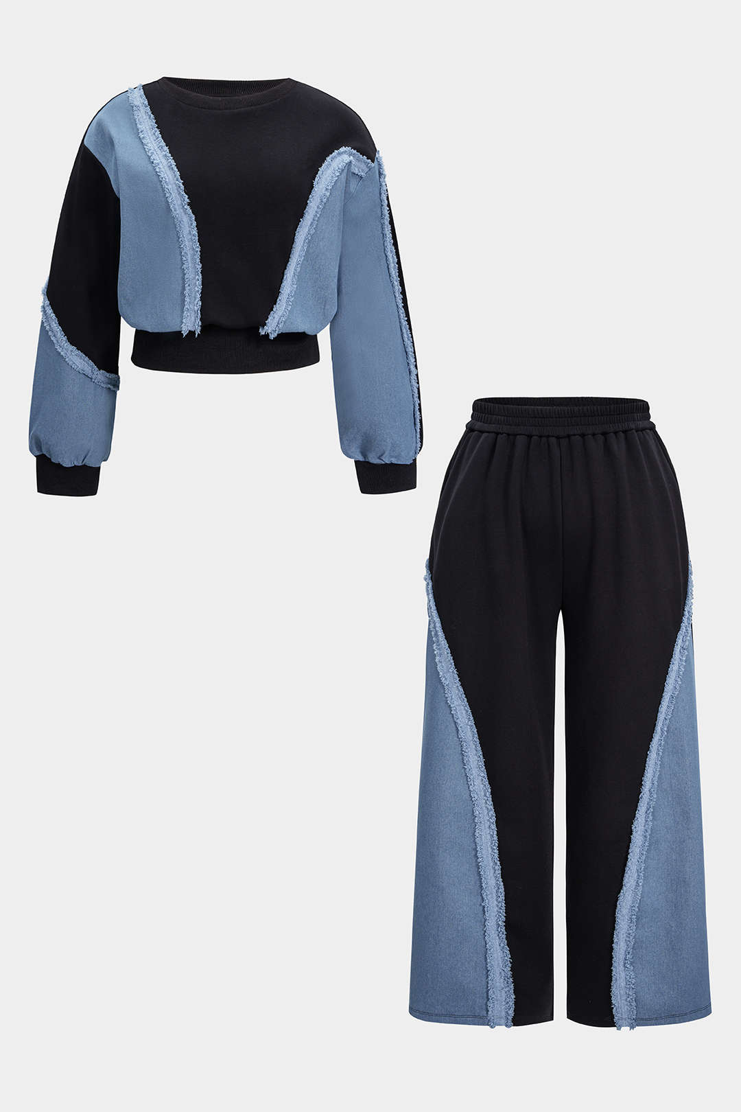 Patchwork plus taille de taille plus à manches longues et à taille haute les pantalons à jambe large de taille haute