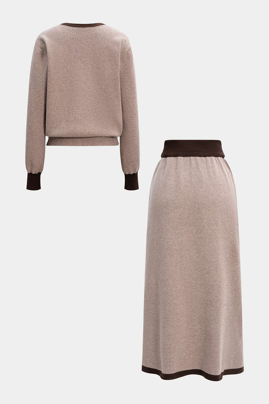 Knit Contrast V-Neck Long-Sleeve Top And Button Skirt Set