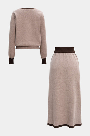 Knit Contrast V-Neck Long-Sleeve Top And Button Skirt Set