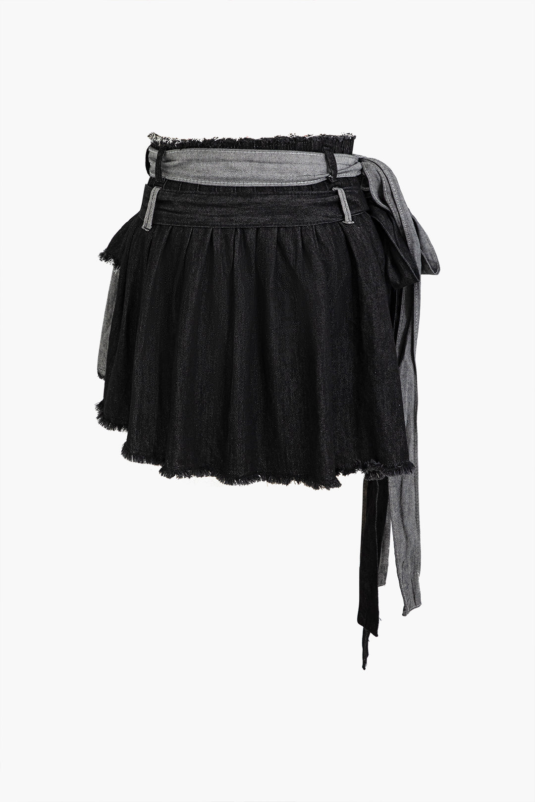 Frayed Layered Ruched Double Waistband Denim Skirt