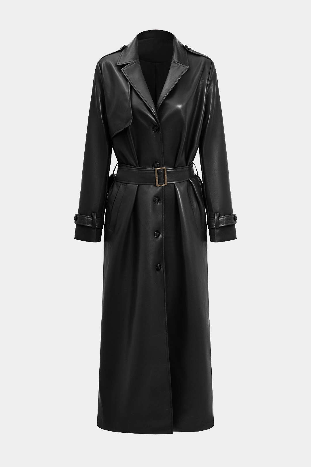 Solid Faux Leather Button Pocket Belted Coat