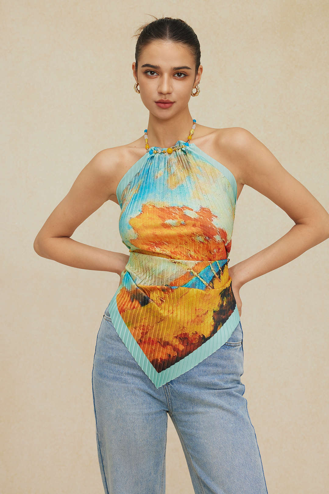 Oil Painting Print Pleated Beaded Halter Cami Top