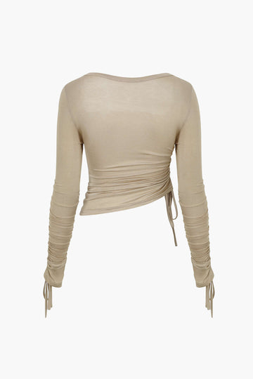 Square Neck Drawstring Ruched Long Sleeve Top