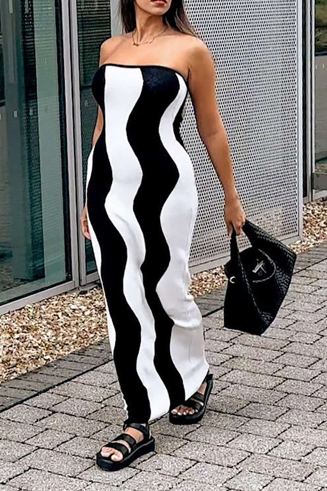 Wave Stripe Strapless Knit Maxi Dress