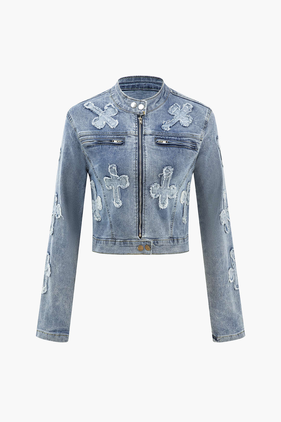 Cross Patch Distessed Denim Jacke und Minirock -Set