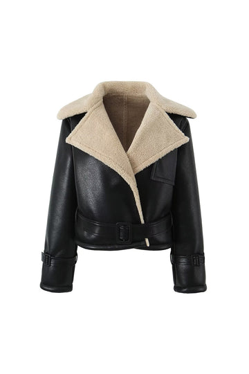 Faux Shearling Leather Jacket With Belt