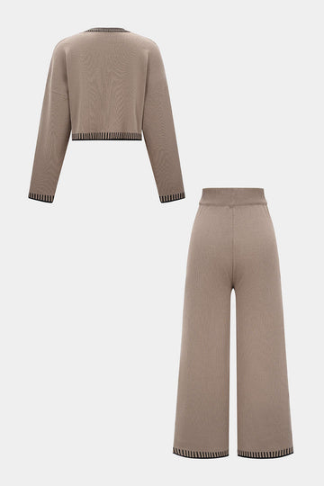 Knit Contrast Binding Button Cardigan And Straight Leg Pants Set