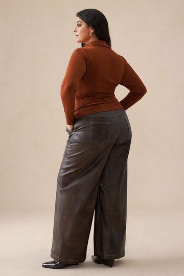 Plus Size Faux Leather High Waist Wide Leg Trousers