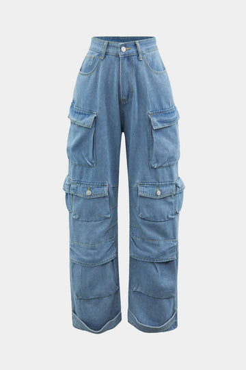 Multi Pocket Rolled Hem Wide Leg Cargo Jeans