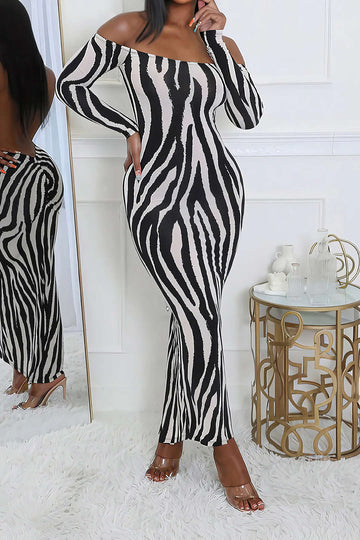 Zebra Stripe Print Off Shoulder Maxi Dress