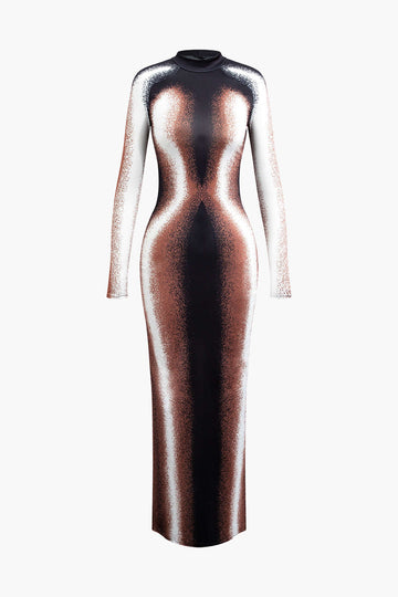 Abstract Print Mock Neck Long Sleeve Slit Maxi Dress