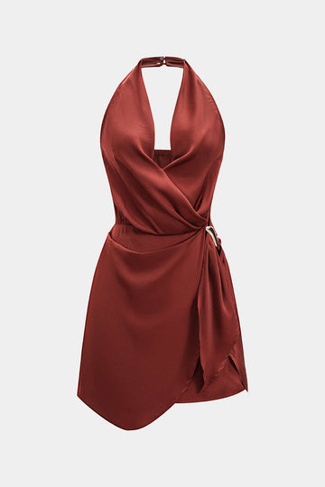 Satin Halter Neck Ruched Backeless Sleeveless Mini Dress Micas Satin Halter Neck Ruched Backeless Sleeveless Mini Dress Micas